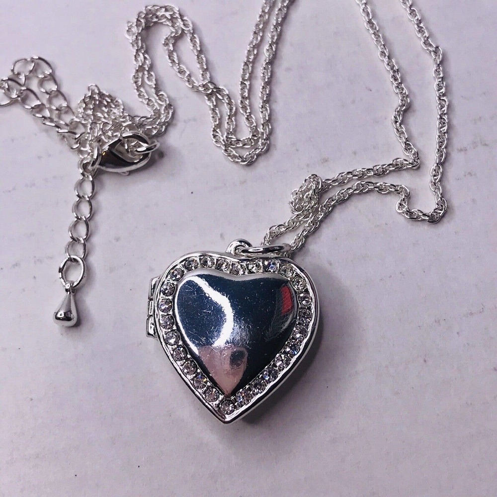 Heart Locket Charm Pendant Necklace Silver Tone Chain Link Adjustable 16-19" NV